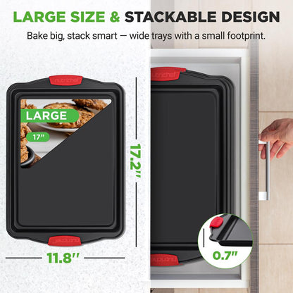 3-Piece Nonstick Cookie Sheets - Even Heat Carbon Steel, Red Handles