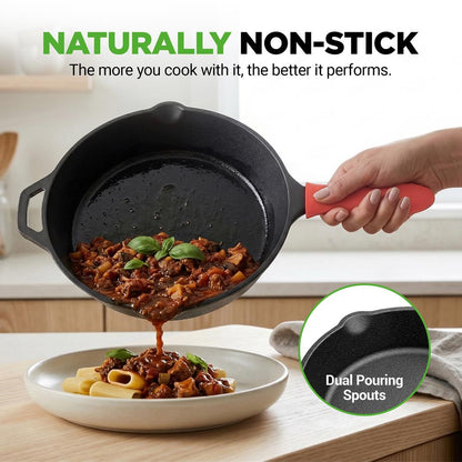 12" Cast Iron Skillet - Nonstick, Oven Safe, Orange Silicone Handle