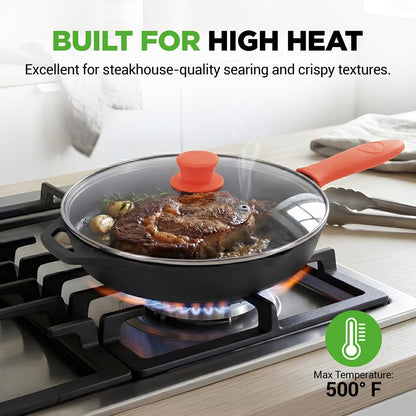 12" Cast Iron Skillet - Nonstick, Oven Safe, Orange Silicone Handle