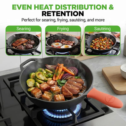 12" Cast Iron Skillet - Nonstick, Oven Safe, Orange Silicone Handle