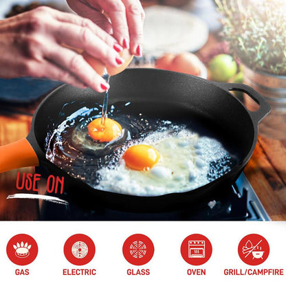Cast Iron Skillet Set, Nonstick, Pre-Seasoned, Silicone Handles, Orange