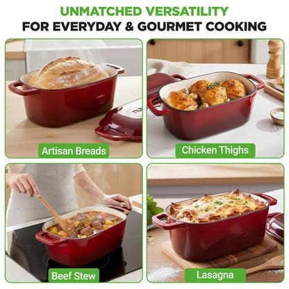 Nutrichef 3.6Qt Enamel-Coated Cast Iron Dutch Oven With Lid And Silicone Gloves Perfect For Baking, Braising, Roasting, Stewing, Slow Cooking, And Frying (Red)