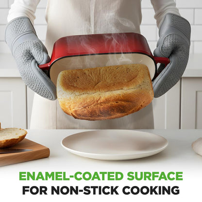 Nutrichef 3.6Qt Enamel-Coated Cast Iron Dutch Oven With Lid And Silicone Gloves Perfect For Baking, Braising, Roasting, Stewing, Slow Cooking, And Frying (Red)