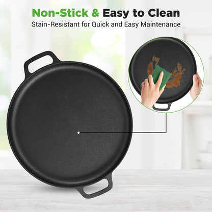 13" Cast Iron Pizza Pan - Versatile Pre-Seasoned Griddle w/ Handles
