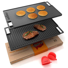Reversible Cast Iron Grill Pan, Even Heat, 18" Flat & Ridged, Includes Mitt