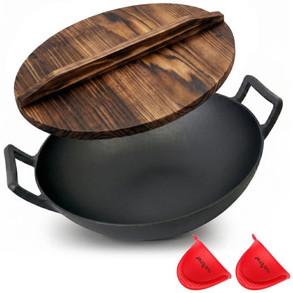Cast Iron Wok 5.8 Qt Even Heat Pre-Seasoned with Wooden Lid