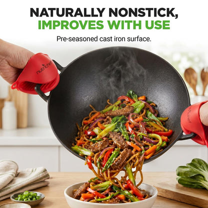 Cast Iron Wok 5.8 Qt Even Heat Pre-Seasoned with Wooden Lid