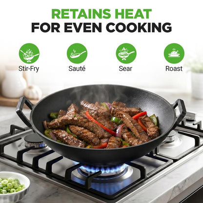 Cast Iron Wok 5.8 Qt Even Heat Pre-Seasoned with Wooden Lid