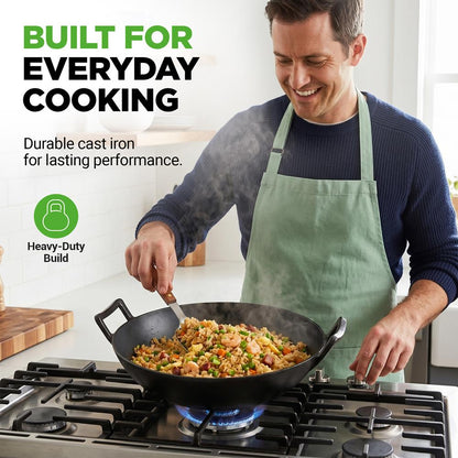 Cast Iron Wok 5.8 Qt Even Heat Pre-Seasoned with Wooden Lid