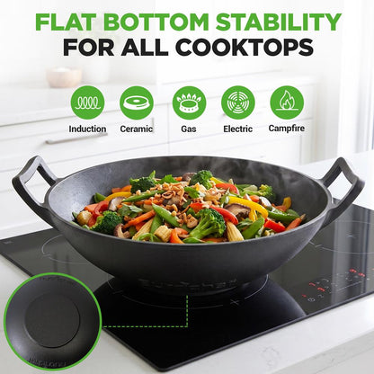 Cast Iron Wok 5.8 Qt Even Heat Pre-Seasoned with Wooden Lid