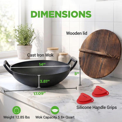 Cast Iron Wok 5.8 Qt Even Heat Pre-Seasoned with Wooden Lid