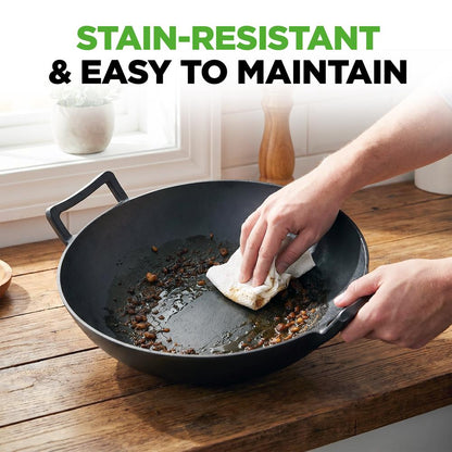 Cast Iron Wok 5.8 Qt Even Heat Pre-Seasoned with Wooden Lid