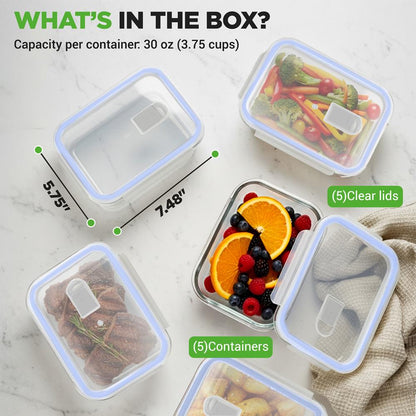 Glass Food Storage Set 10-Piece Leak-Proof Borosilicate Blue Lids