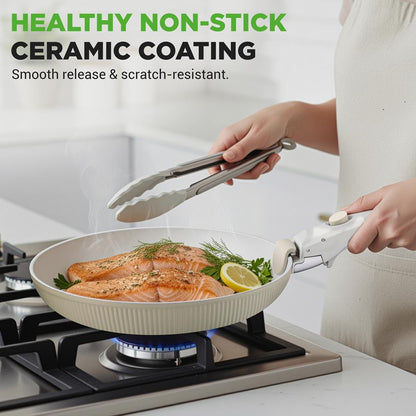 18-Piece Stylish Kitchen Cookware Set - Ceramic Nonstick Pots & Pans With Detachable Handles (Green)