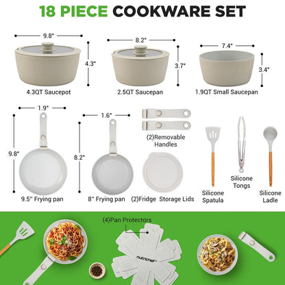 18-Piece Stylish Kitchen Cookware Set - Ceramic Nonstick Pots & Pans With Detachable Handles (Green)