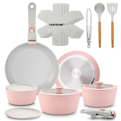 18-Piece Stylish Kitchen Cookware Set - Ceramic Nonstick Pots & Pans With Detachable Handles (Pink)