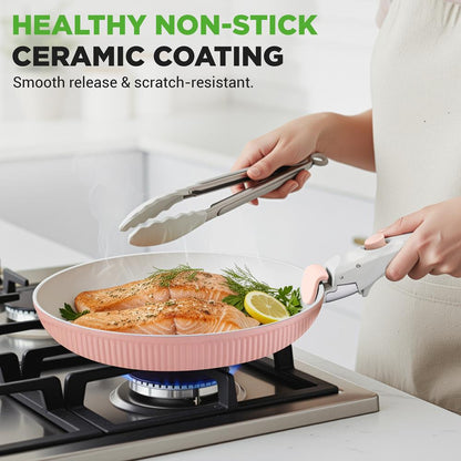 18-Piece Stylish Kitchen Cookware Set - Ceramic Nonstick Pots & Pans With Detachable Handles (Pink)