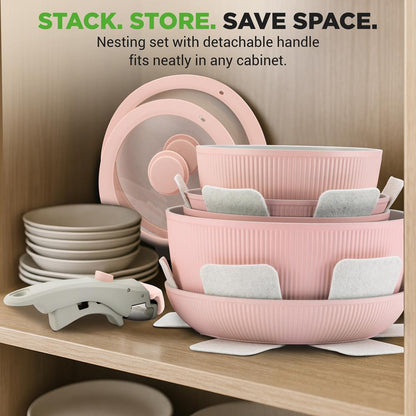18-Piece Stylish Kitchen Cookware Set - Ceramic Nonstick Pots & Pans With Detachable Handles (Pink)