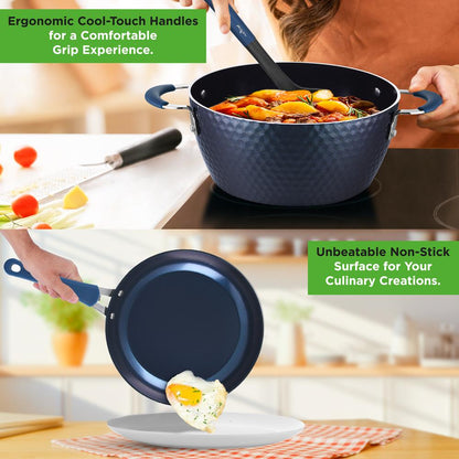 11 Pc Nonstick Cookware Set - Even Heat Ceramic Coating, Blue