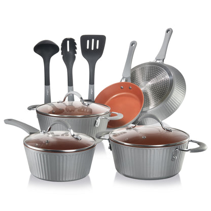 Nonstick Cookware Set, Even Heat, Ceramic Coating, Gray, 11 Pcs