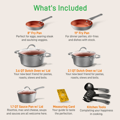 Nonstick Cookware Set, Even Heat, Ceramic Coating, Gray, 11 Pcs