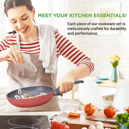 12-Piece Nonstick Cookware Set, Even Heat, Red, PFOA/PFOS-Free
