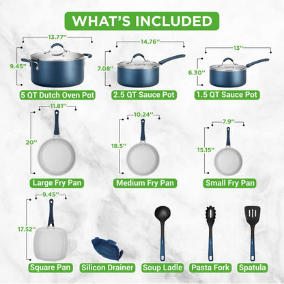 14-Piece Cookware Set - Even Heat Non-Stick Coating, Navy Blue
