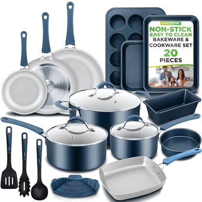 20 Pc Kitchen Set - Even Cooking Non-Stick Coating, Navy Blue