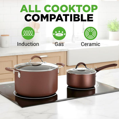 20-Piece Non-Stick Cookware Set, Even Heat, Cool-Touch Handles, Brown