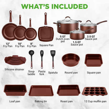 20-Piece Non-Stick Cookware Set, Even Heat, Cool-Touch Handles, Brown