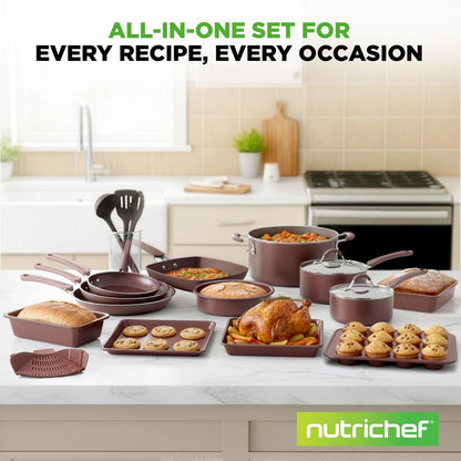 20-Piece Non-Stick Cookware Set, Even Heat, Cool-Touch Handles, Brown