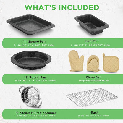 22-Piece Non-Stick Cookware Set, Even Heat, Marble Coating, Black