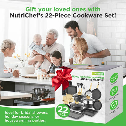 22-Piece Non-Stick Cookware Set, Even Heat, Marble Coating, Black