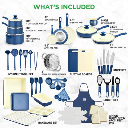 54-Piece Cookware Set, Even Heat Ceramic Non-Stick, Blue Gray