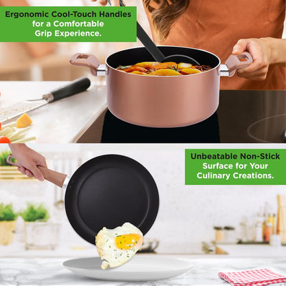 13-Piece Nonstick Cookware Set, Even Heat, Durable Coating, Brown