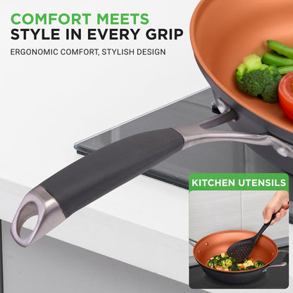 14-Piece Non-Stick Cookware Set - Even Heat, Copper Coating, Silicone Handles