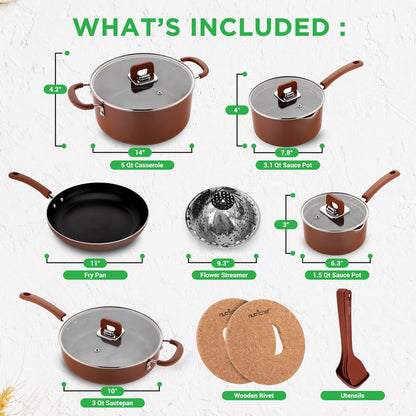 17-Piece Nonstick Cookware Set, Space-Saving Stackable Design, Brown