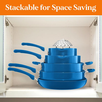 17-Pc Non-Stick Cookware Set, Space-Saving, Induction Base, Blue