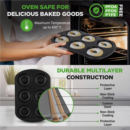 Nonstick Donut Pans 2-Pack, Easy Clean Carbon Steel, Oven Safe 450¬8F