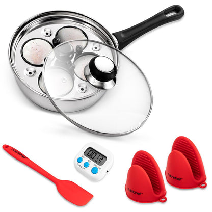 Egg Poacher Set for Perfect Eggs, Stainless Steel, Glass Lid, Silver