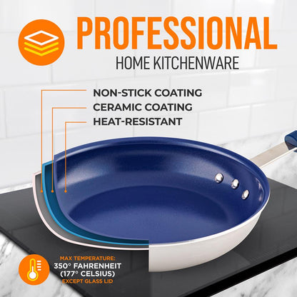 10" Nonstick Fry Pan with Lid, Ceramic Coating, Blue Silicone Handle