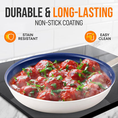 10" Nonstick Fry Pan with Lid, Ceramic Coating, Blue Silicone Handle