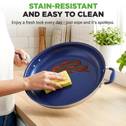 14" Nonstick Fry Pan with Lid - Easy Clean Ceramic, Blue Silicone Handle