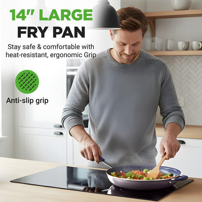 14" Nonstick Fry Pan with Lid - Easy Clean Ceramic, Blue Silicone Handle