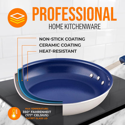8" Nonstick Fry Pan with Lid, Ceramic Coating, Blue Silicone Handle