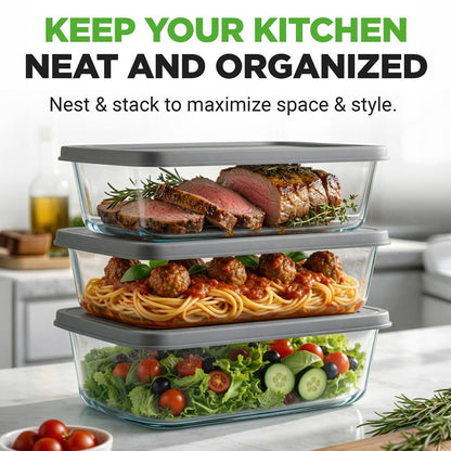 6-Piece Glass Loaf Pan Set - Airtight Lids, Stackable, Oven Safe, Clear