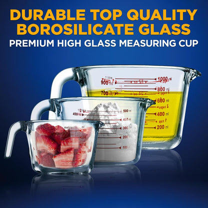 3-Piece Glass Measuring Cups Set - Precise Pouring, Heat-Resistant, Clear