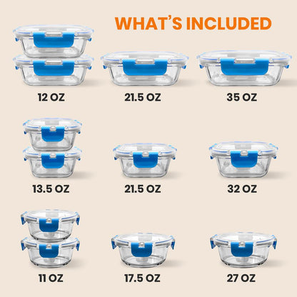 24-Piece Glass Food Storage Set, Airtight Leak-Proof, Blue