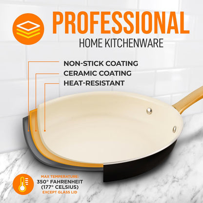 10" Non-Stick Frying Pan, Even Heat, Ceramic Coating, Golden Handle