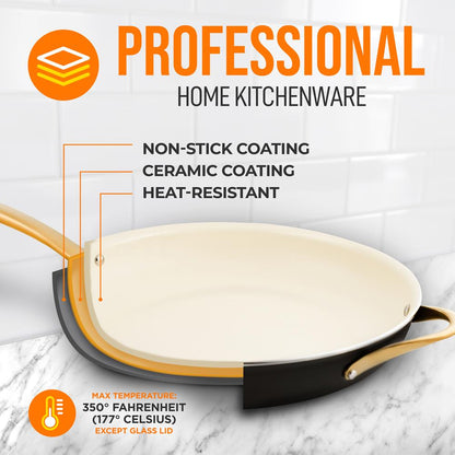14" Non-Stick Fry Pan with Lid, Golden Titanium Handle, Easy Clean